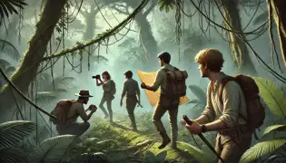 A team of four explorers trekking through the dense jungle, led by Daniel holding an old map, with Miguel cutting through vines.