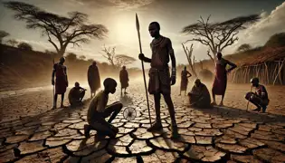 Ole Nkiria and Simel stand on cracked earth as Maasai elders discuss the drought under a scorching sun.