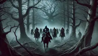 Prince Radu and his knights ride cautiously through a dark, misty Romanian forest, their weapons ready as unseen eyes watch them.