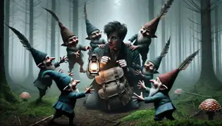 Mischievous gnomes surround Felix in the forest, tossing his backpack while one holds a glowing lantern, their faces filled with glee.