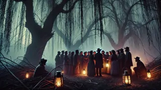 Des villageois chuchotant à la lueur des lanternes, sous des saules torsadés au crépuscule.