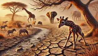 A dry, cracked African savanna during a drought, with weak animals struggling for survival and Ndemi looking up at the trees.