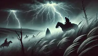 Miguel Santoro on horseback faces ghostly vaqueros during a stormy night in the savannas of Los Llanos.