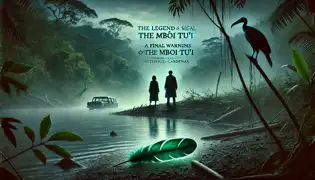 Miguel and Dr. Cárdenas stand near the riverbank at dawn, staring at an emerald feather left behind as the jungle looms behind them.