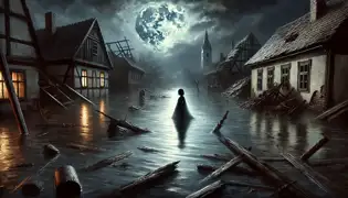 A moonlit village after a flood with villagers in despair and a faint figure glinting in the distance.