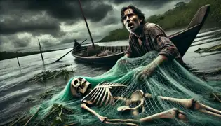 Diego discovers human bones entangled in his fishing net, wrapped in riverweed, as storm clouds loom over the Paraná River.