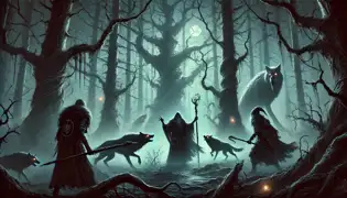 The heroes cautiously move through a cursed forest filled with glowing-eyed wolves and ghostly spirits lurking in the mist.