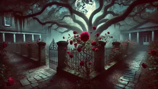 Sarmiento de rosa retorcido bajo la luna llena en el jardín de Blackwood