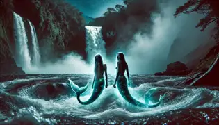 Lucía and Valeria caught in the swirling currents of Pailón del Diablo, their legs transforming into shimmering mermaid tails.