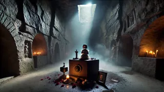 Chambre secrète sous Chimney Rock avec un autel en pierre sculptée et des artefacts dispersés