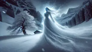 The ghostly figure of Isolde von Gravenstein, now the Snow Maiden, stands in a raging snowstorm, her glowing eyes filled with sorrow.