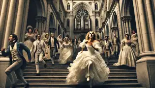 María Emilia runs from the cathedral in her wedding gown as shocked guests watch from the grand staircase.