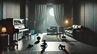 Una sala silenciosa iluminada por la luz de la luna, con juguetes dispersos sobre el piano sin tocar.