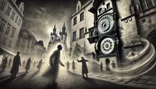 Prague’s Old Town Square distorts as time fractures; people vanish, the Orloj spins wildly, and Horace watches in horror.