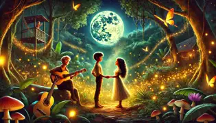 Cielito and Marisol reunited under the moonlight, surrounded by a glowing forest, while Javier watches with a smile.