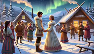 Eero and Aila stand hand-in-hand in a Sami village under the northern lights, embraced by a peaceful, snowy setting.