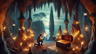 Uma antiga gruta iluminada à luz de tochas revela cofres de ouro e joias enterrados sob um arco de pedra.