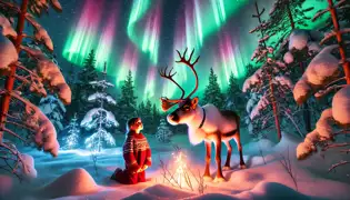 A glowing snowy valley under vibrant auroras, with the Guardian, the girl, and her reindeer calf Pihka standing peacefully.