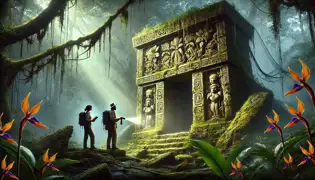 A hidden stone temple in the jungle covered in moss and vines, with carvings of orchids and symbols.