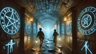 Entrance to hidden tunnels under Boston Common with glowing magical sigils