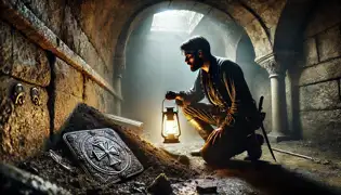 Erik Kovács kneels in an underground chamber, brushing dirt off an ornate silver pendant with an ancient crest, illuminated by his lantern.