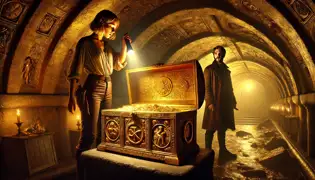 Lena Bergmann opens an ancient golden chest inside a hidden underground vault, revealing treasures and a sealed letter.