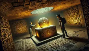 A hidden underground chamber with glowing glyphs and a radiant Cañari Sun Stone resting on an ancient stone pedestal.