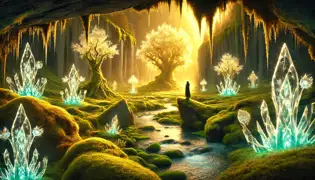 Hidden valley with golden streams, crystalline trees, and glowing creatures as Freyja steps into the magical world.