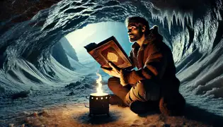 Inside a dim ice cave, Elias König reads an old journal by lantern light, his expression tense with unease.