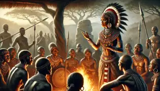 Nehanda addresses Shona warriors in a sacred grove, firelight casting shadows as they prepare for the First Chimurenga.