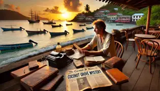 A journalist sits in a seaside café in Castries, surrounded by documents, staring at a newspaper about the Coconut Grove mystery.