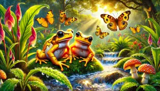 Golden toads emerge into a revitalized forest, surrounded by bright flowers, flowing streams, and fluttering butterflies.