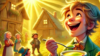 A traveler delightfully tasting green eggs and ham under a sunlit sky