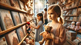 Corduroy, der Teddybär, und ein kleines Mädchen namens Lisa erkunden die bunte Kinderabteilung, die voller Bilderbücher und Spielzeuge steckt.