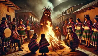 A lively Aymara village celebrates the Festival of Pachamama with music, dancing, and a sacred bonfire.