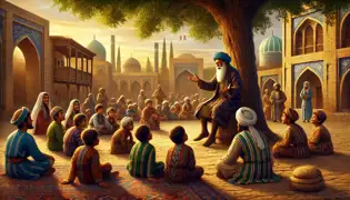 An elder tells the pilaf thief story in a village square, with children playing nearby and villagers listening under a tree.