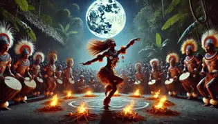 Kalinda dances gracefully under the full moon, surrounded by villagers in traditional attire and rhythmic drummers by a fire.