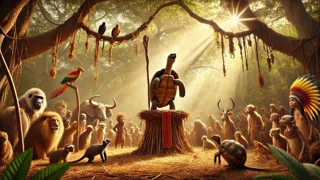 Maadun standing proudly on a clearing stage addressing forest creatures under dappled sunlight