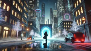 Sherlock Holmes betritt eine futuristische kanadische Stadt, die bei Dämmerung unter einer Schneedecke liegt.