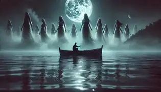 A fisherman in a small boat under the moonlight, gazing at ethereal sea maidens floating above the glowing Adriatic waters.