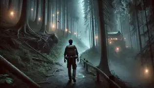 Felix Bauer hikes along the misty Twilight Trail, surrounded by eerie fog and towering pine trees, with strange lights in the distance.