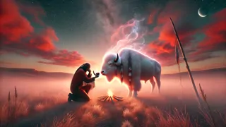 A Mulher Búfalo Branca oferecendo o cachimbo sagrado sob um pôr do sol vibrante