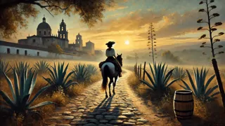 La Mulata chevauchant un cheval à l'aube, à travers les champs rustiques au-delà des murailles de Cordoue.