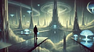 Un viajero solitario contemplando un surrealista horizonte futurista de flora bioluminiscente y estructuras flotantes
