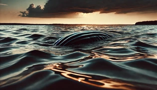 Silhouette of a serpentine creature gliding beneath the waves at twilight in Saint Joseph Sound.