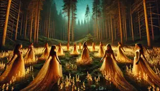 A magical forest clearing with ethereal Sânziene dancing in golden gowns under a glowing, starlit sky.