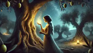 Layla holds a glowing golden olive under the night sky, the ancient tree's presence surrounding her with mystery and power.