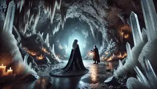 A glowing underground cavern with shimmering crystals and a cloaked woman facing a cautious shepherd holding a lantern.