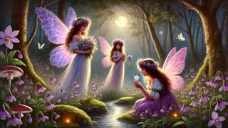 Tres pequeñas hadas con alas luminosas reunidas junto a un riachuelo brillante en el bosque.