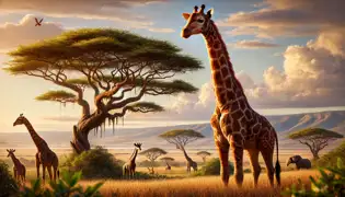 A majestic, fully grown Ndemi stands tall in the savanna, reaching high branches while other giraffes graze nearby.